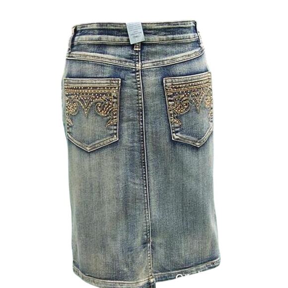Cache Denim Metallic Rhinestone Crown Skirt New Stretch 5 Pocket Design $138 NWT - Picture 1 of 5